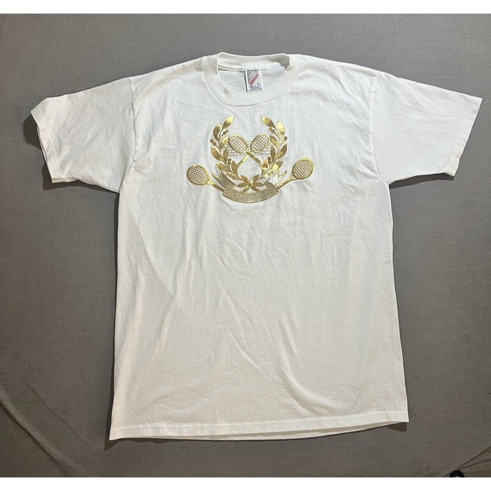 Vintage Tennis Club Shirt Men's Large White Logo Made In USA Short Sleeve.